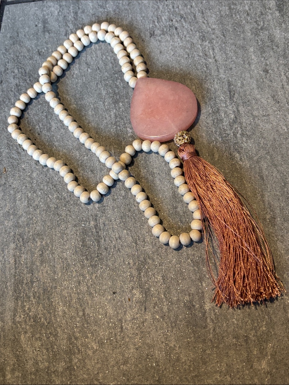 Beaded Heart Pendant Necklace with Copper Tassel - Pink Approx 34”